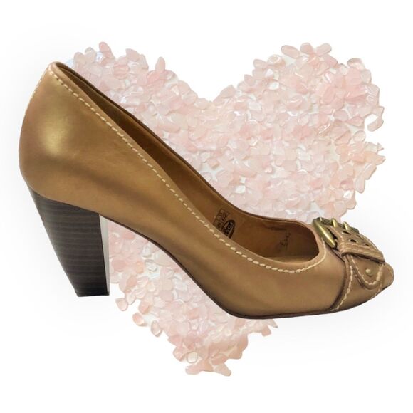 FOSSIL Gold Leather Block Heels, Peep toe with buckle, Women's Size 8 1/2 - Picture 3 of 13